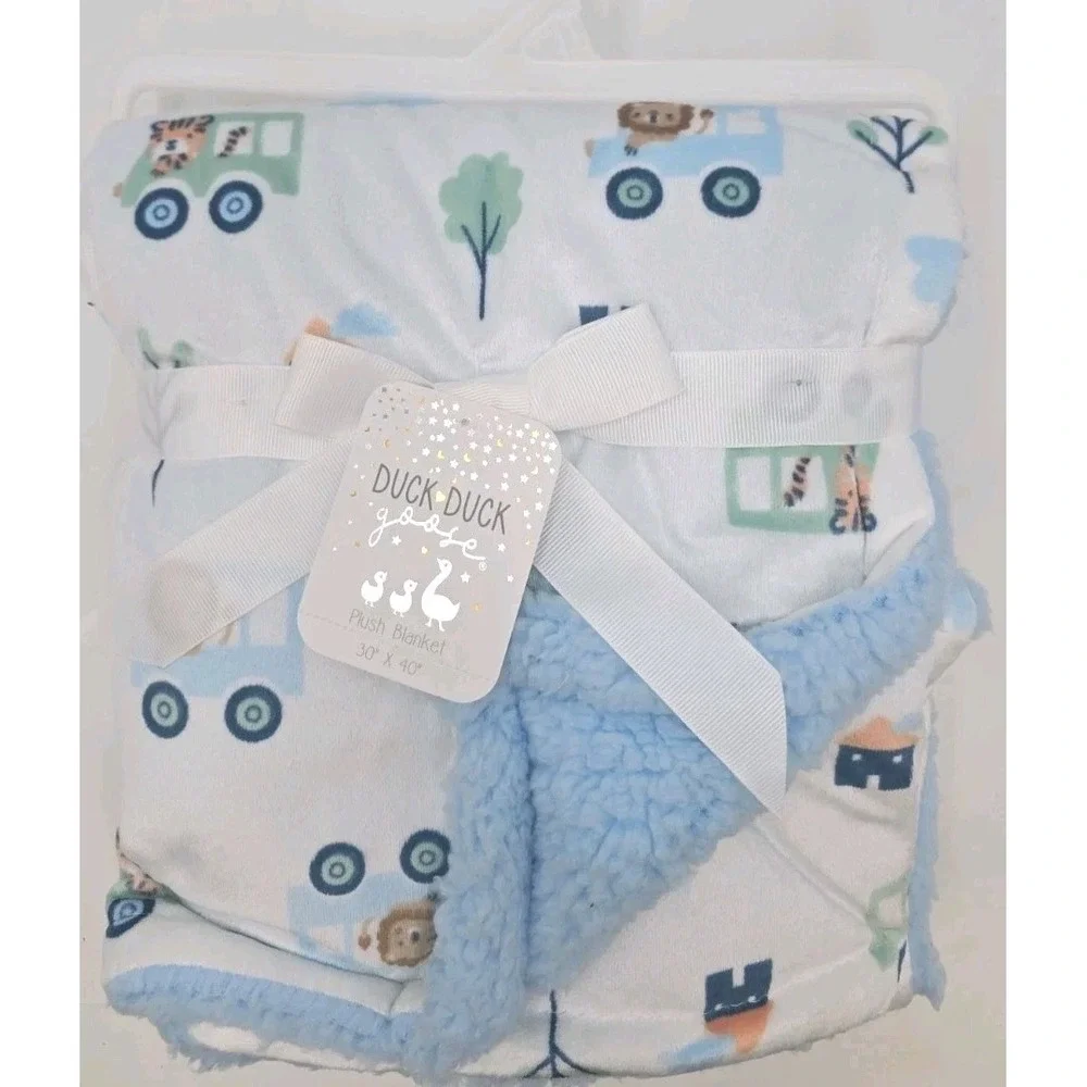 Duck Duck Goose Baby Plush Blanket 30x40 Blue Animal Train Nursery NEW